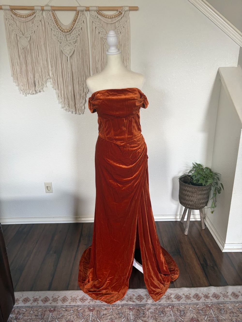 Rust Velvet Off-Shoulder Evening Gown